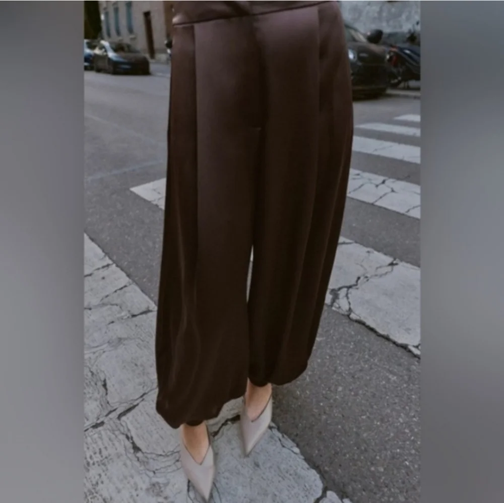 ZARA SATIN BALLOON PANTS BROWN SIZE XS